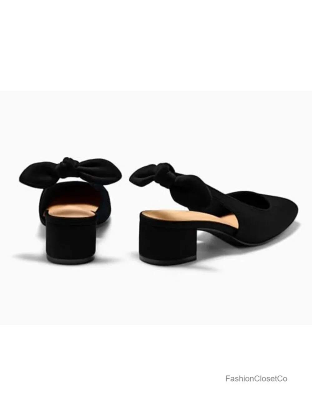 Women's Chunky Low Heels Bow Slingback Pumps Square Toe Faux Suede